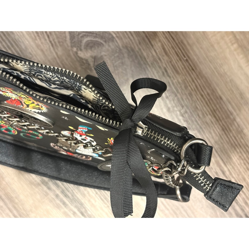 Vintage Y2K Ed Hardy Baguette Bag Tattoo Saffiano Black Tiger Skull Charm Bow - Picture 6 of 6